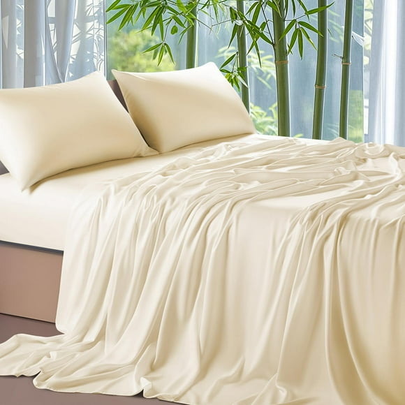 Shilucheng 100% Viscose Derived from Bamboo_ Sheets Cal King Size 4pcs - Ultra Cooling & Silky Soft Bed Sheets 16"" Deep Pocket Perfect for Hot Sleepers Hotel Bedding Sheets (Beige)