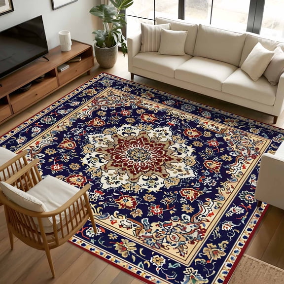 8x10 Area Rugs Navy Blue Boho Non-Skid Rubber Backing Large Rectangle Rugs - Living Room Bedroom Home Office, Contemporary Abstract Ethnic Vintage Geometric Indoor Floor Mat Carpets Washable Rug