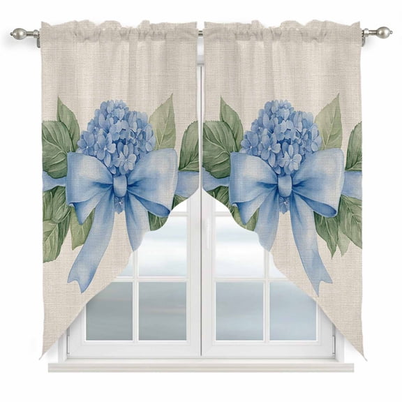 Hydrangea Flower Kitchen Window Curtains, Swag Curtains Valance for Bedroom Living Room Bathroom, Pastoral Blue Bow Floral Spring Lraf Rod Pocket Window Curtain Block Drapes 2 Panels 36"x36"