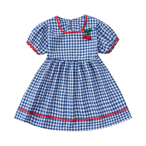 Efsteb Summer Dress for Girls Cute Puff Sleeve Dress Cotton Casual Plaid A-Line Dresses (Blue,5 Years)