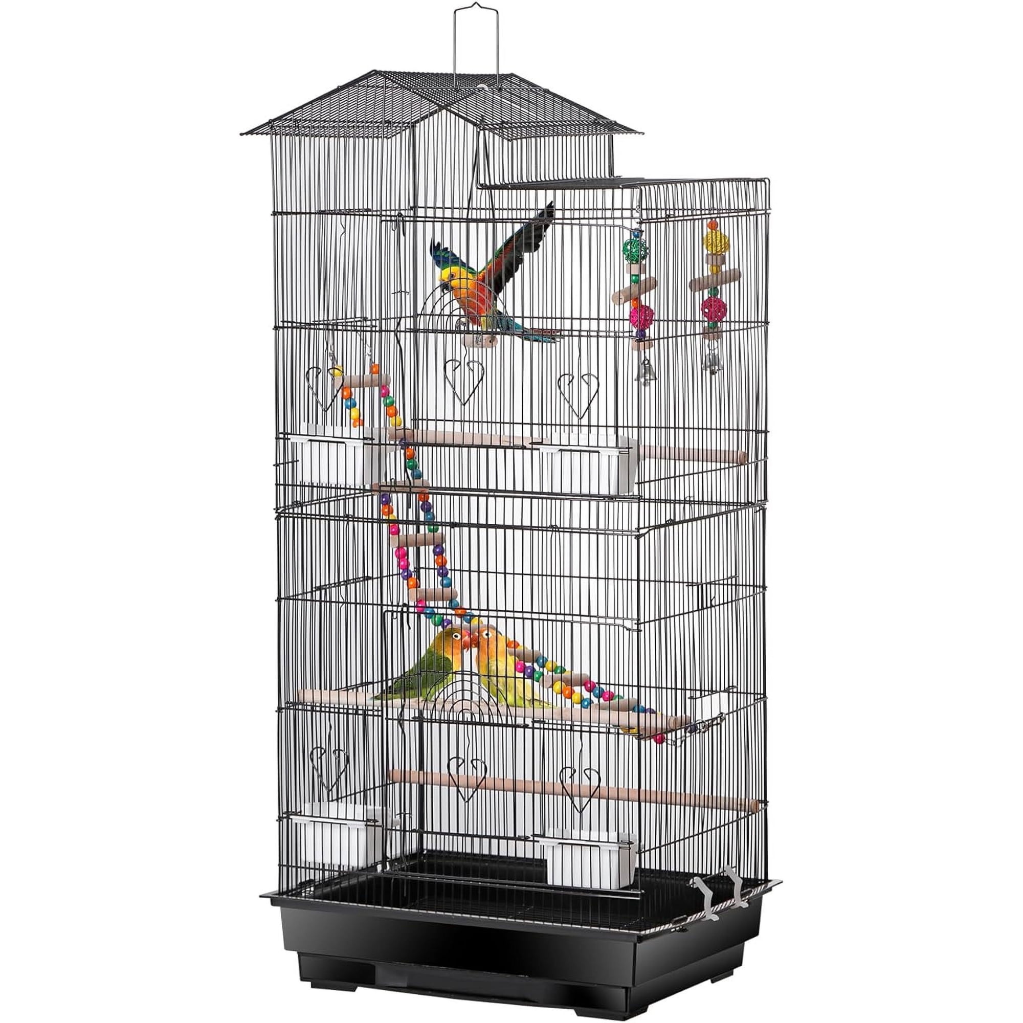 HJTER 39-inch Roof Top Large Flight Parrot Bird Cage for Small Quaker Cockatiel Canary Sun Parakeet Green Cheek Finch Budgie Lovebirds Wrought Iron Pet Bird Cage w/Toys