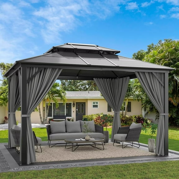 GOGRANT Outdoor Hardtop Gazebo 10'x 12', Aluminum Frame Gazebos with Polycarbonate Double Roof Canopy, Curtains and Netting for Patio, Lawn, Garden, Gray