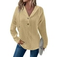 thumbnail image 1 of Women's 2025 Fall Fashion Oversized Button V-Neck Hoodie, Casual Drawstring Hooded Knit Sweatshirt with Cable Ribbed Design, Soft Breathable Long Sleeve Pullover for Daily Wear Khaki S, 1 of 7