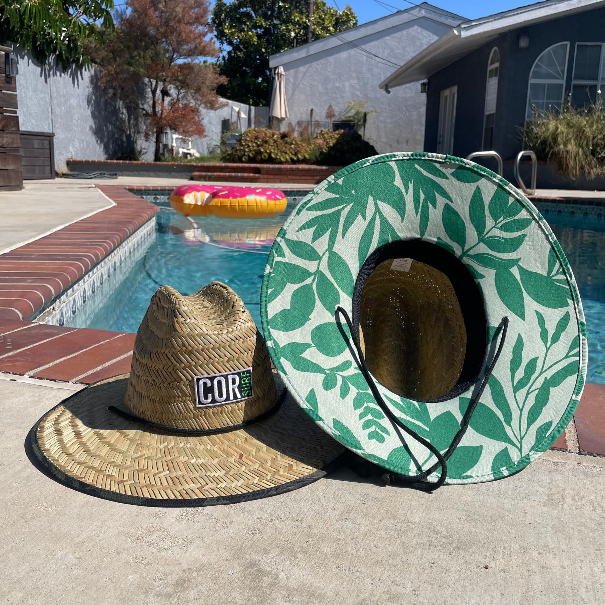 Straw Beach Hat - UPF 50+ Cotton Patriotic Under Brim Lifeguard - Drawstring Fit - Medium