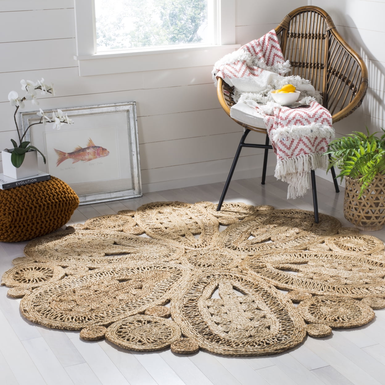 SAFAVIEH Natural Fiber Stamen Braided Jute Area Rug, Natural, 4' x 4' Round