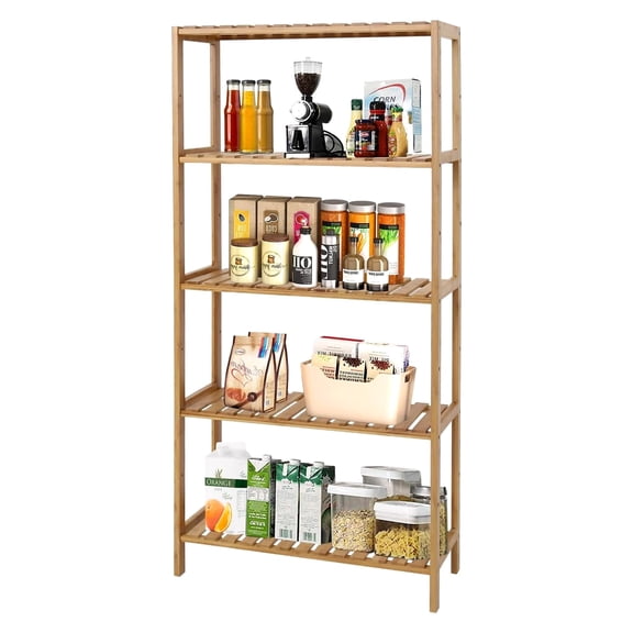 Bamboo Shelf,5-Tier Free-Standing Storage Rack,Multifunctional Shelving Unit,Bathroom,Kitchen,Living Room