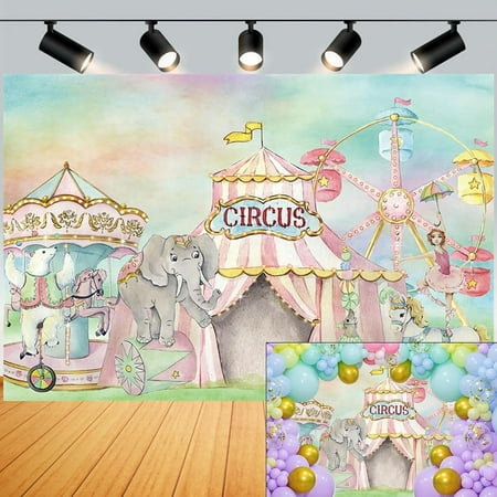 Image of 7x5ft Circus Carnival Backdrop Pink Circus Tent Ferris Wheel Photography Background Baby Birthday Party