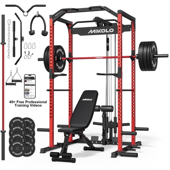 Mikolo Power Rack Cage, 1200LBS Weight Cage with 800LB Capacity Adjustable Weight Bench, 1500LB Capacity Barbell and 230LB Black Plate Set