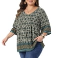 thumbnail image 2 of DARING DIVA Women's Plus V Neck 3/4 Sleeve Floral Print Work Tunic Blouse 1X Green, 2 of 6
