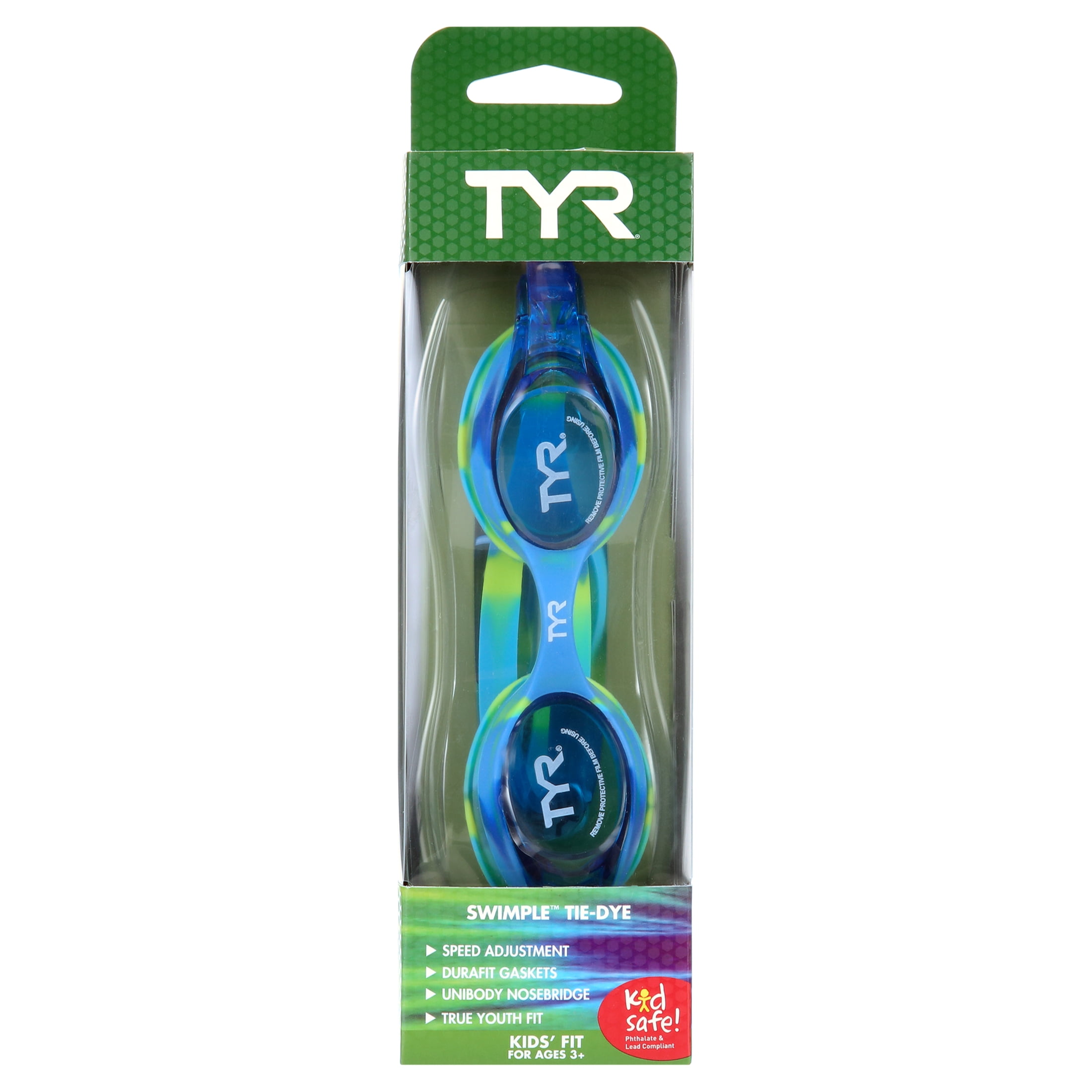 TYR Swimple Kids' Swim Goggles – Youth Goggles with Anti-Fog, UV Protection, Adjustable Fit, Blue/Green