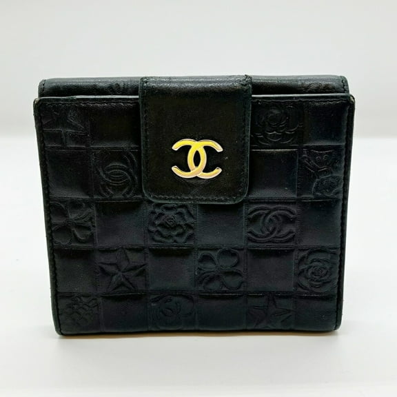Pre-Owned CHANEL Icon Line Bifold Wallet, Black, Calf Leather, Coco Mark, Camellia, and Clover...