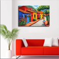 thumbnail image 2 of Lienzo óleo pueblo colombiano mexicano casas coloridas calle empedrada mujer con falda tradicional, paisaje latino vibrante para comedor y tienda artesanal., 2 of 6