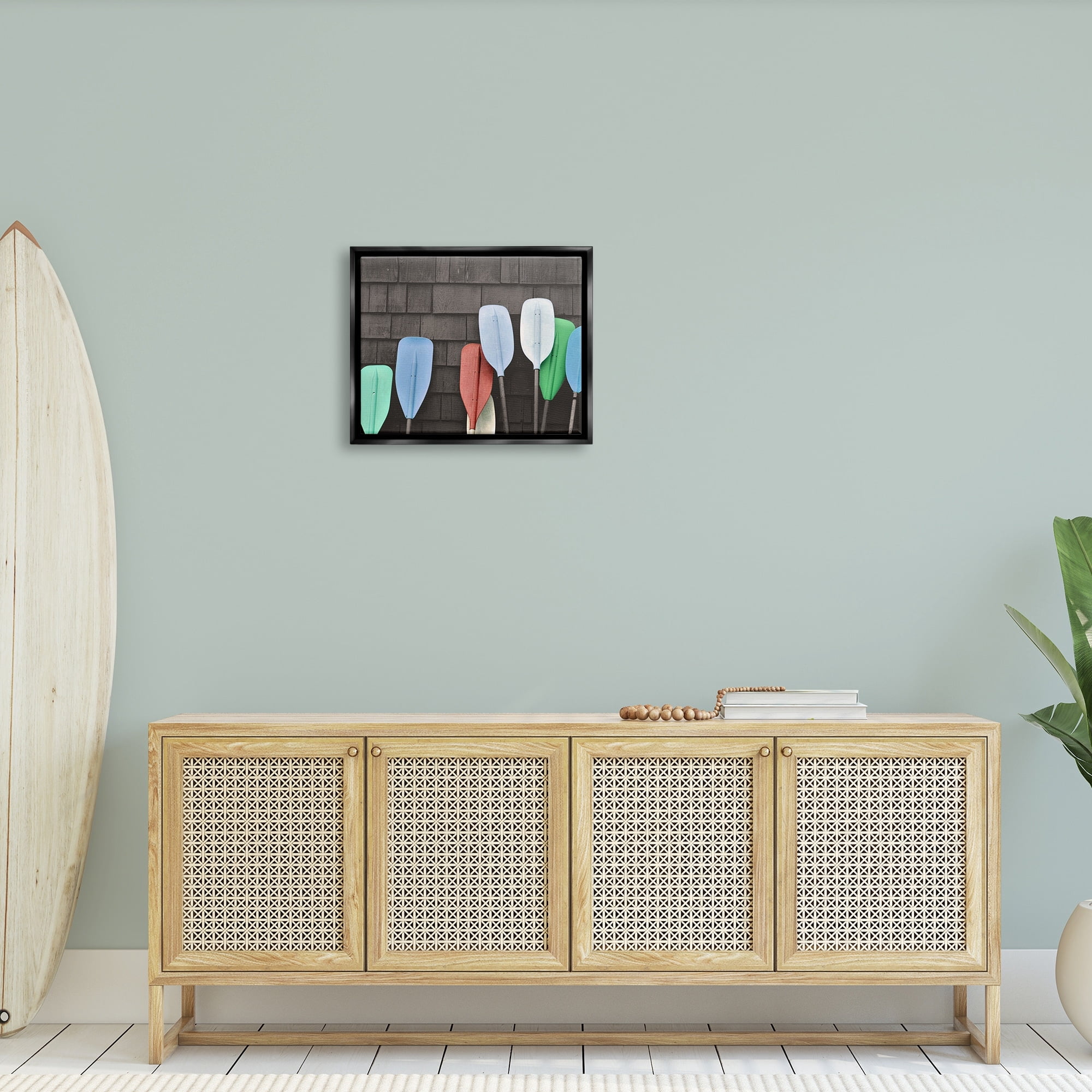Stupell Industries Mixed Ores Against Beach Shed Boating Paddle Photograph Luster Gray Floating Framed Canvas Print Wall Art, Design by Daphne Polselli