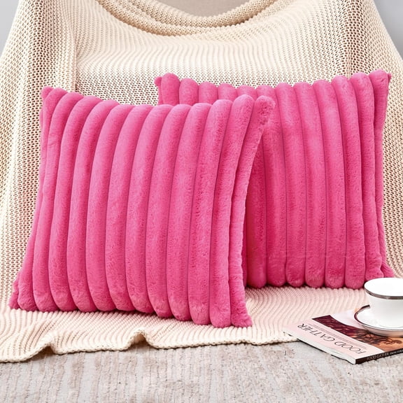 Ksopiavobs Throw Pillow Covers Hot Pink Decorative Faux Fur Set of 2 16x16 Inch Pillow Covers, Soft Pink Striped Pillowcases for Couch Sofa Bed Living Room, Fluffy Cute Home Boho Accent Fuzzy Decor