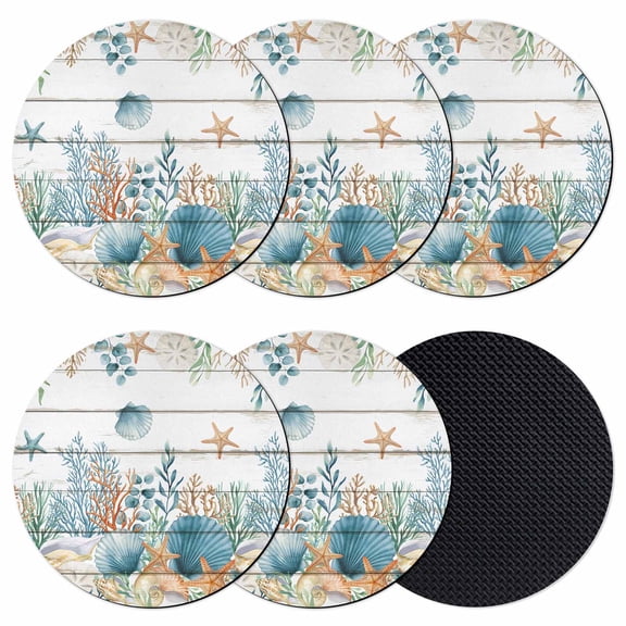 Teal Blue Coastal Coasters Set of 6, Absorbent Coasters for Drinks, Summer Beach Starfish Shell Coral Nautical Vintage Coaster for Desk Coffee Table Protection, Home Decor House Warming Gifts 4"