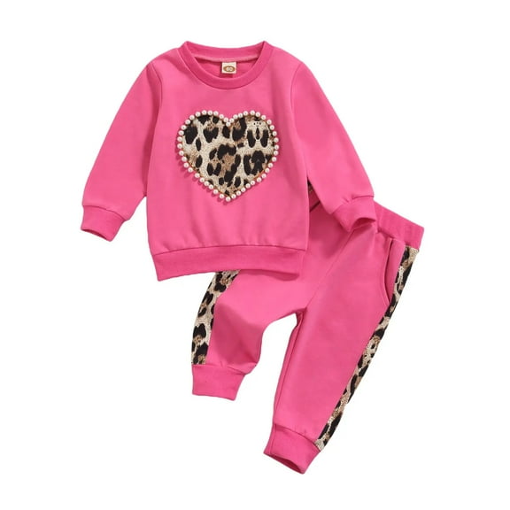Odeerbi 6M-5Y Toddler Boys Girls Valentines Day Sweatsuits Leopard Print Cotton Long Sleeve Sweatshirt Sweatpants Two-piece Set Embroidered Casual Loungewear Toddler Boys Girls Clothes
