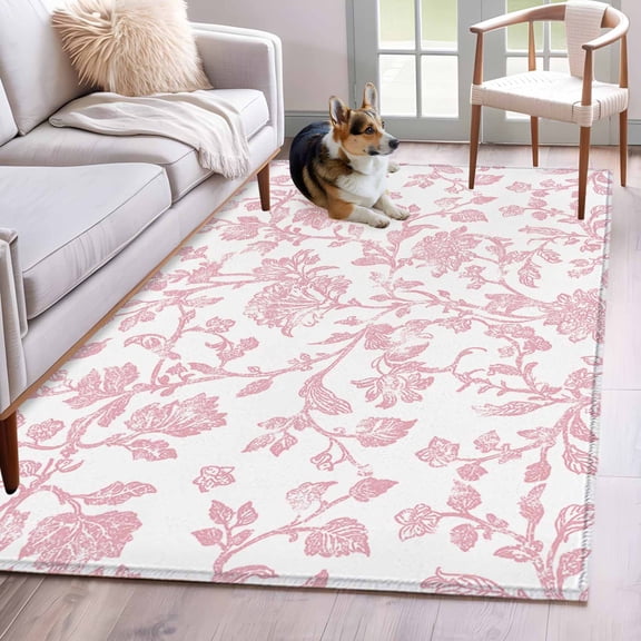 Light Pink Floral Paisley 3x5 Area Rugs for Living Room, Boho Leaf Vintage Farmhouse Linen Non Slip Floor Mat Washable Low-Profile Indoor Carpet for Bedroom, Dining Room, Bathroom