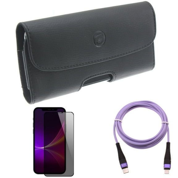 Privacy Screen Protector & Case Belt Clip & Purple 10ft PD Cable for iPhone 13 Pro Max ONLY - Tempered Glass Curved Anti-Spy   Leather Holster Cover   USB-C Extra Long Cord Fast Charger Combo