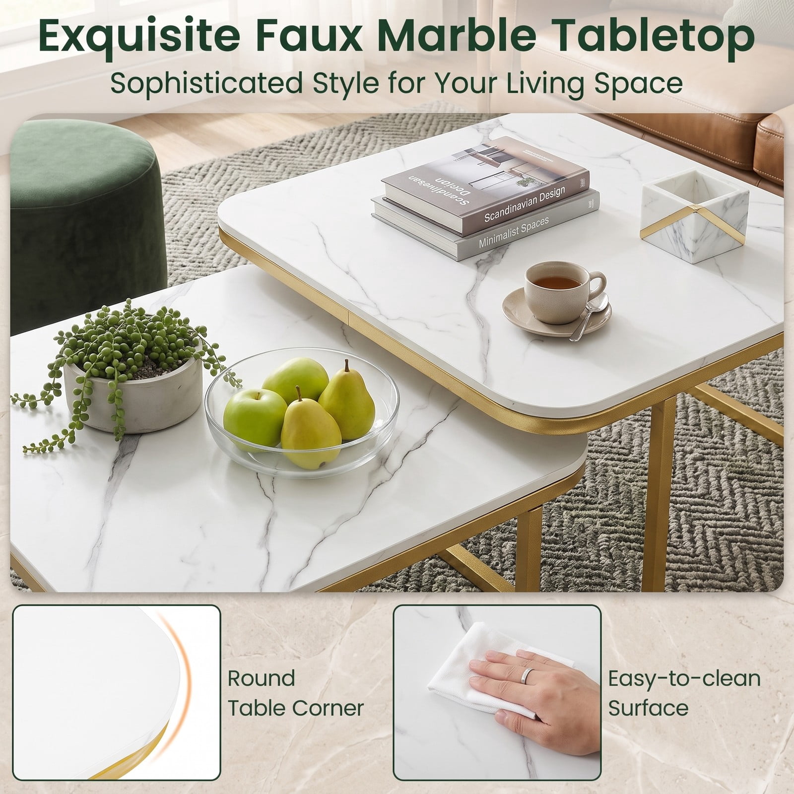 Furnibear Nesting Coffee Table Set of 2, Faux Marble Top Round-Corner Cocktail Tables with Powder-Coated Metal Frame, Stackable Space-Saving Side End, White & Gold