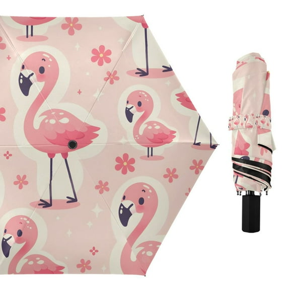 Cute Pink Flamingo and Flowers Compact Sun Umbrella Windproof Travel Umbrellas for Rain Strong Portable UV Protection