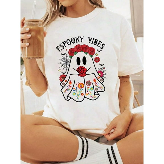 Cotton Halloween Graphic Women T Shirt Espooky Vibes Halloween Ghost Mexican Spooky Mama T-Shirt