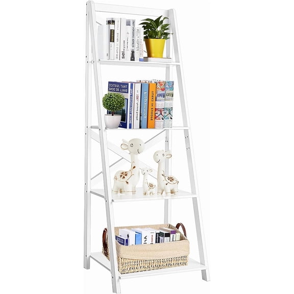 4 Tier Ladder Bookshelf, Leaning Display Shelf, Modern Wooden Decor Bookcase, Free Standing Shelves for Living Room Bedroom Furniture Office Bathroom Organizer (1, White)