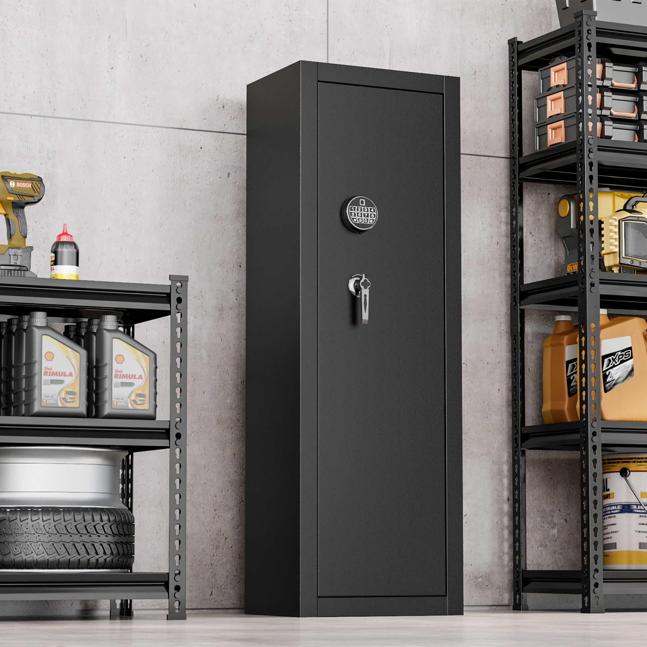 Sapital gun safe, biometric rifle and shotgun safe, heavy-duty assembled gun cabinet with adjustable storage compartments, suitable for bedrooms, living rooms, and wardrobes (black).