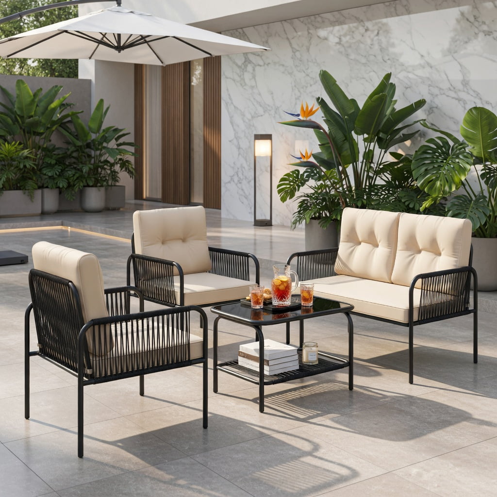 Hommoo 4-Piece PE Rattan Patio Furniture Set, Loveseat, 2 Chairs, Coffee Table with Removable Cushions for Backyard, Poolside & Patio, Beige