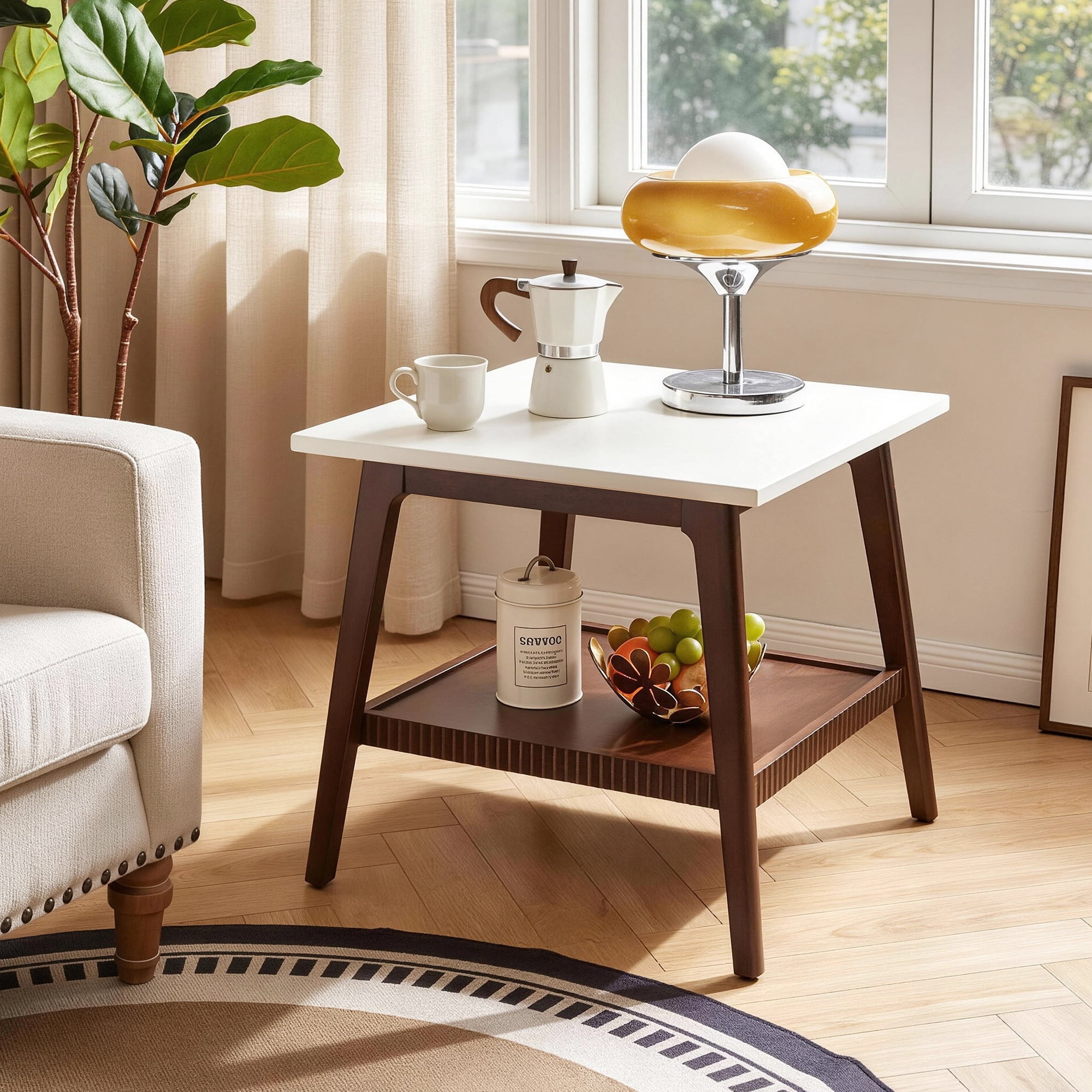 Garitin End Table and Mid Century Modern Side Table 23.62 Inch, Two Tone Wooden Nightstand with Lower Storage Shelf for Living Room Bedroom, Walnut and White
