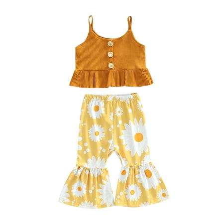 

Sunisery Kids Toddler Baby Girls Summer 2Pcs Outfits Ruffle Hem Ribbed Camisole + Daisy Print Flared Pants Clothes Yellow 6-12 Months
