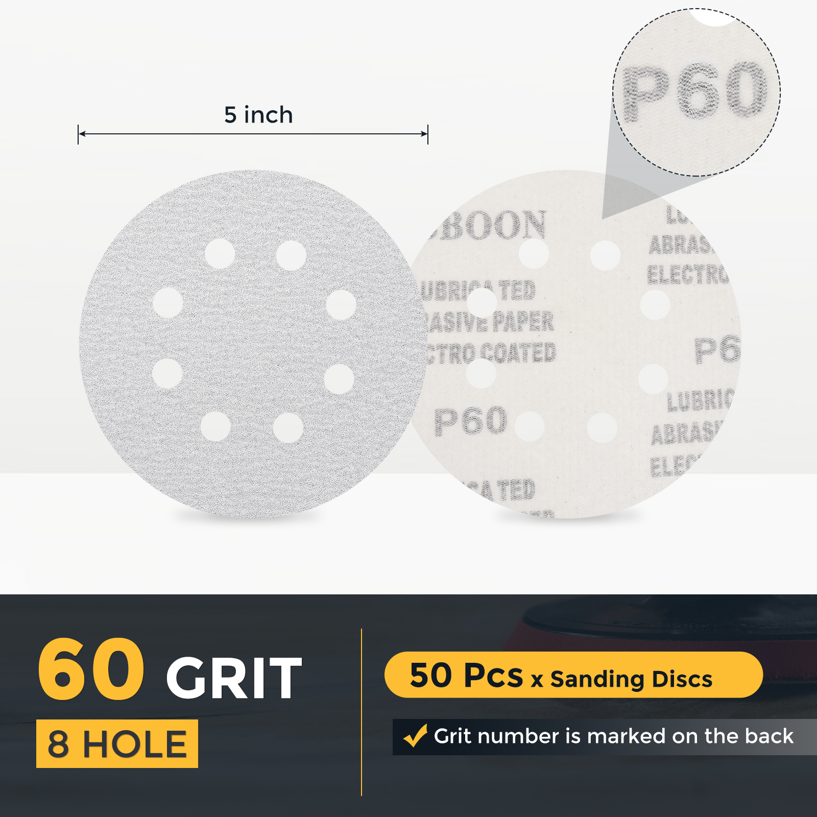 50 Pcs 5 Inch Sanding Disc 8 Hole 60 Grit Hook and Loop Sandpapers Random Orbital Sander Pads for Woodworking Automotive Metal Polishing, White