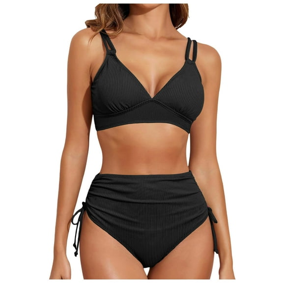 ZQUUVOU Women's Ribbed Two Piece Bikini Set Solid Color High Waist Texture Tie Side Swimsuit Beach Vacation Black