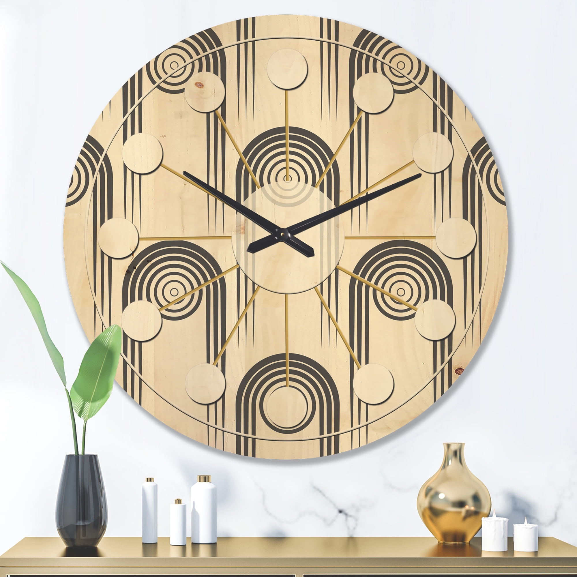 Designart 'Minimal Geometric Retro Curved Ornament II' Mid-Century Modern Wood Wall Clock