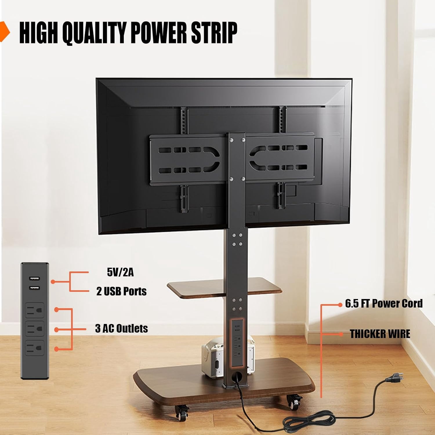 Rolling TV Stand with Power Outlet for 32 to 65 70 75 80 inch TVs up to 132 lbs Adjustable Mobile TV Cart with AV Shelf Portable Mobile TV Stand with Wheels for Outdoor, Bedroom, Living Room