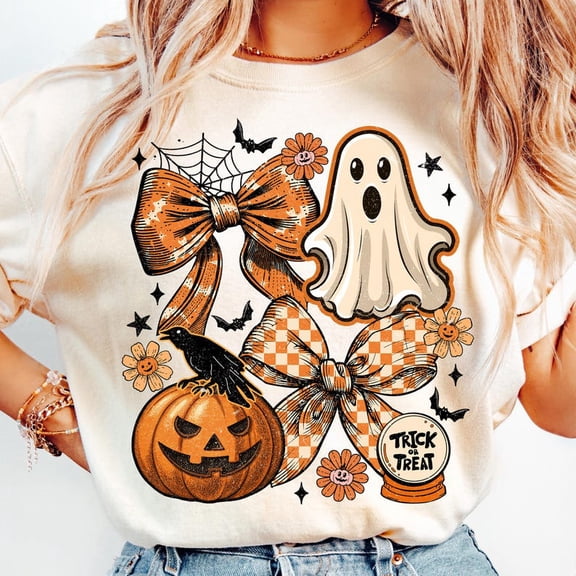 Vintage Halloween Ghost Coquette Shirt, Spooky Season Shirt, Floral Fall Pumpkin Bow , Retro Checkered Halloween Shirt Witchy Vibes Shirt
