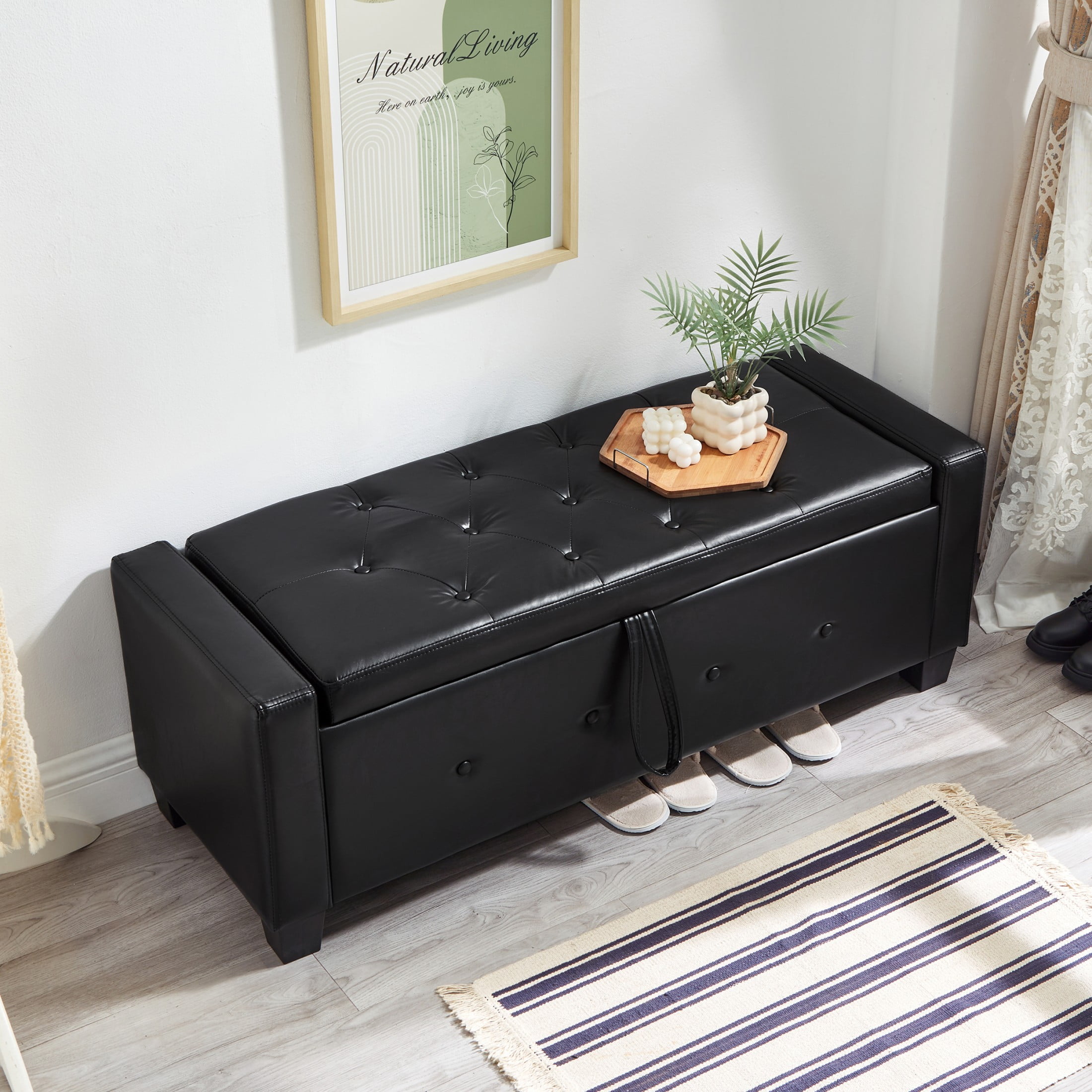 Aukfa 48" Storage Ottoman Bench with Safety Hinges, Upholstered Tufted Faux Leather Bench for Bedroom, Living Room & Entryway, Black