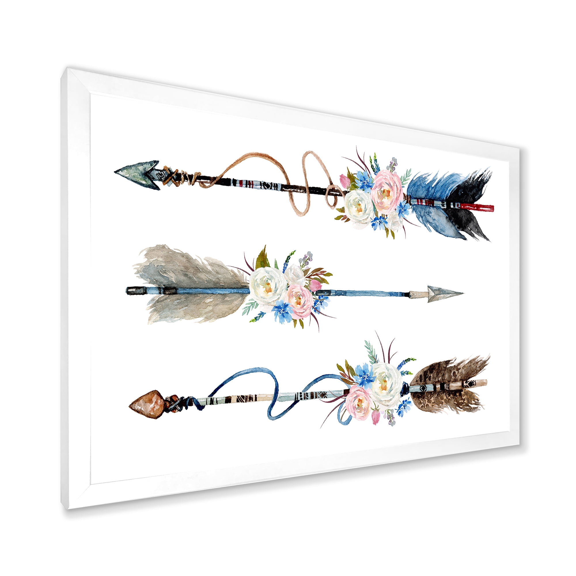 Designart 'Flowers and Ethnic Feathers On Native Arrows I' Bohemian & Eclectic Framed Art Print
