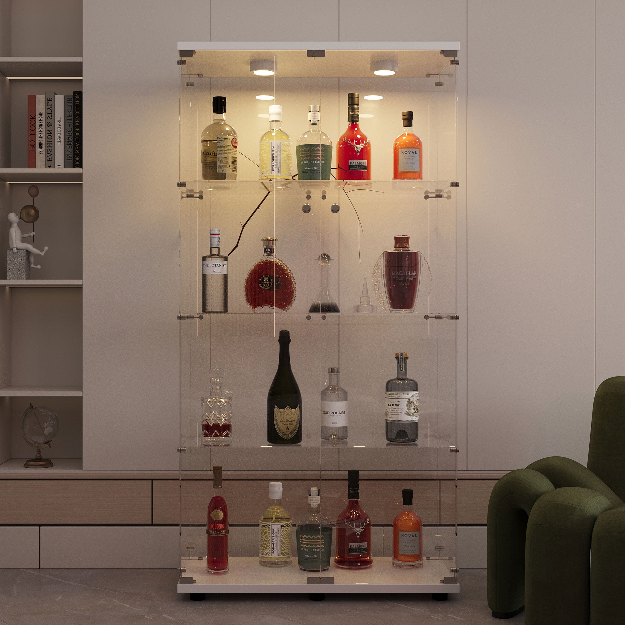 MAYEERTY Glass Display Cabinet, 4 Tiers Wine Cabinet, Collection Storage Showcase with 2 Doors, White