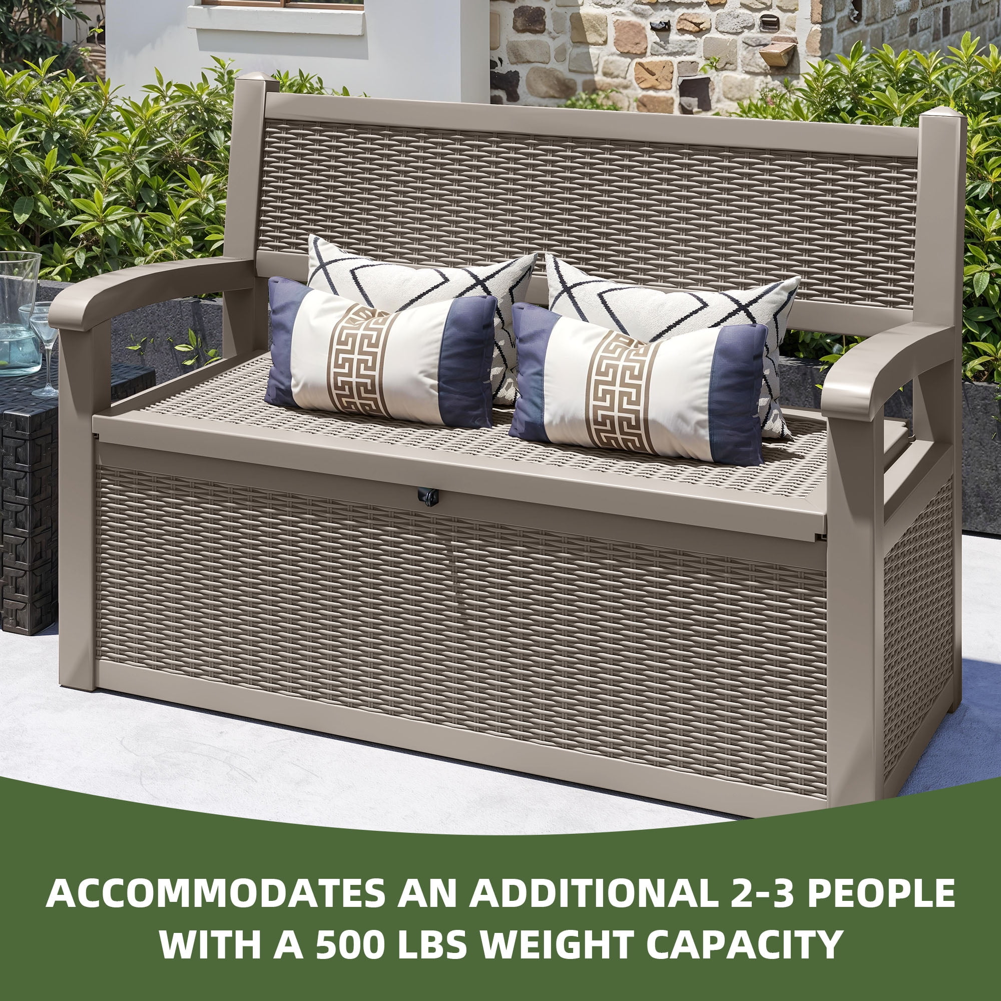 Uforic Uforic 70 Gallon Outdoor Resin Deck Bench,Waterproof & Lockable Storage Box  Bench with Armrests for Garden Patio, Light Brown