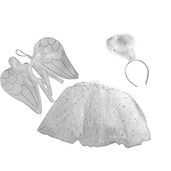 Angel Costume Set - White Tutu, Angel Wings and Halo Headband (Tutu 10" Short, Silver / Sparkle White)