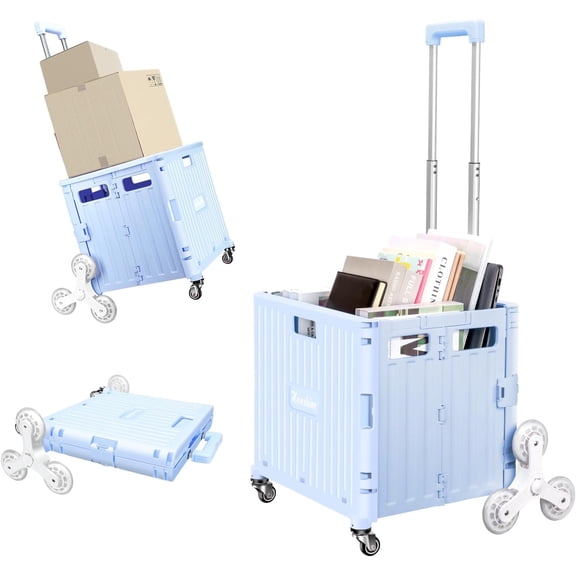 Nedcart Rolling Crate with Stair Climbing Wheels, Foldable Utility Cart with Detachable Lid & Telescoping Handle, Portable Rolling Cart Tote Basket for Teacher Upstairs Grocery Shopping