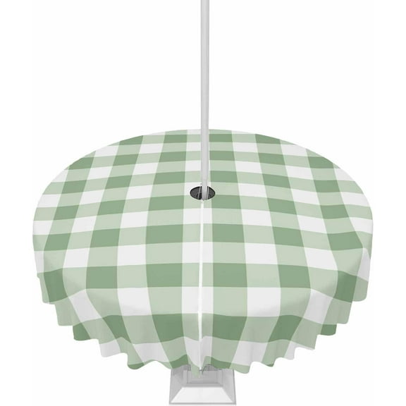 Outdoor Tablecloth with Umbrella Hole and Zipper Sage Green Round Outdoor Tablecloths 60 Inch Waterproof Table Cloths Green Buffalo Plaid Patio Table Cloth Cover for Outdoor Tables Picnic Garden