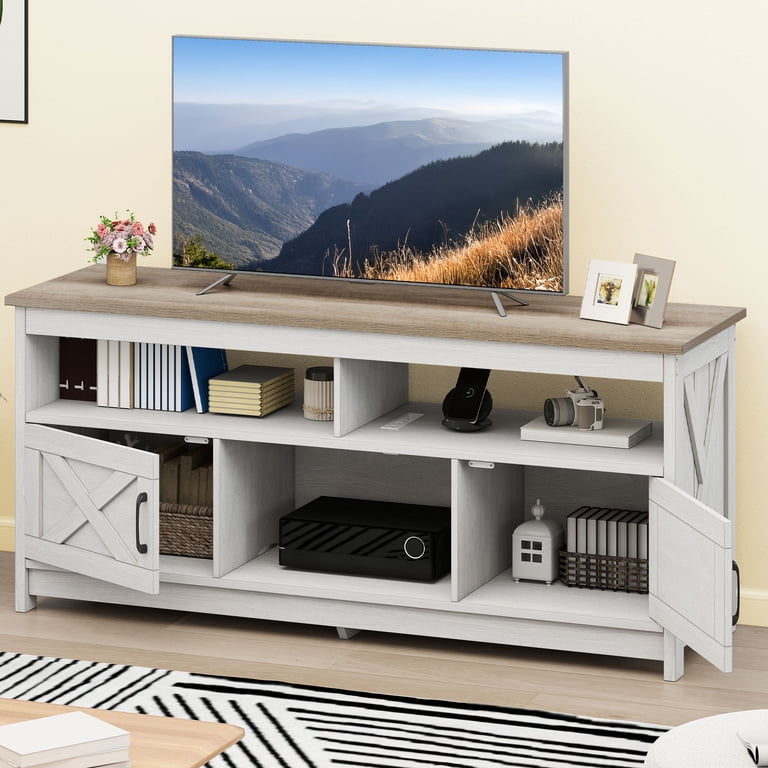 Uforic 59 Inch Farmhouse TV Stand with Power Outlet, White Oak photo 2