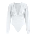 thumbnail image 5 of larppty Women's Sexy Ruched Deep V Neck Long Sleeve Bodysuit Plunging Neckline Leotard Shirts（White， L）, 5 of 9