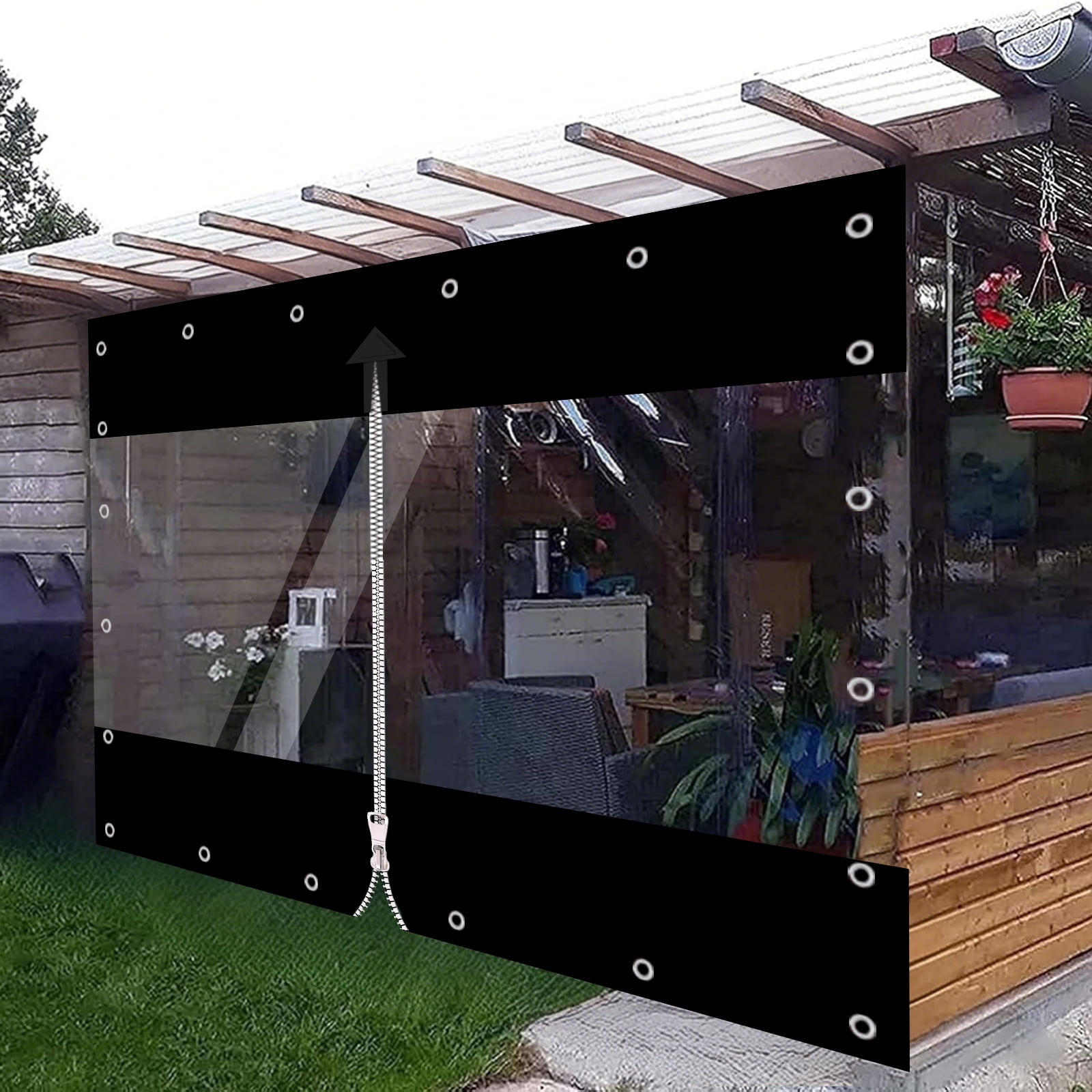 TOPCHANCES Clear Vinyl Curtains with Zipper Entry, Heavy Duty Waterproof PVC Clear Tarp with Grommets, Outdoor Clear Panel Curtain for Porch, Pergola, Gazebo, Patio, Enclosure (7'H x 8'W, Black)