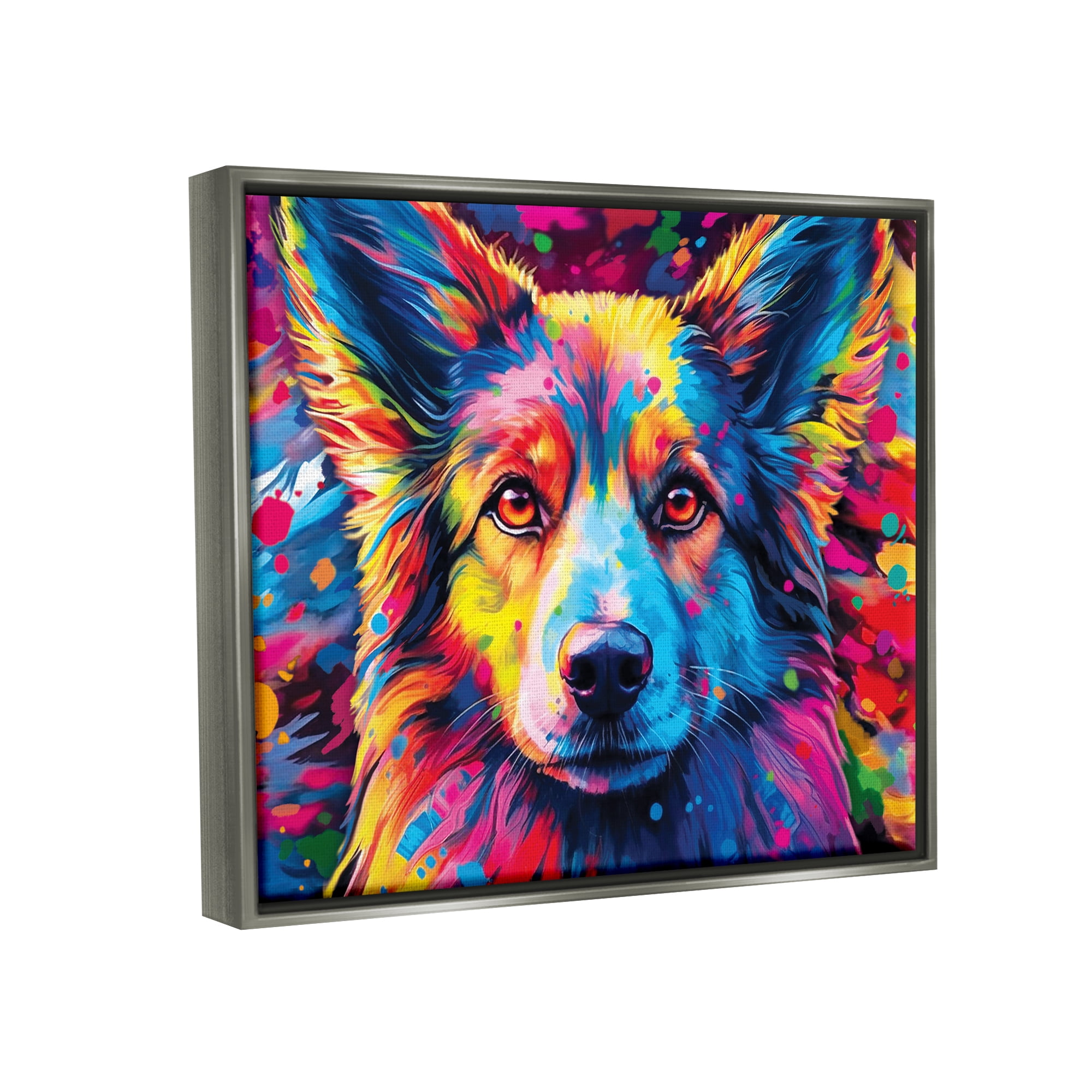 Stupell Industries Dog with Vivid Paint Splash Animals & Insects Painting Gray Floater Framed Canvas Art Print Wall Art, 21 x 17