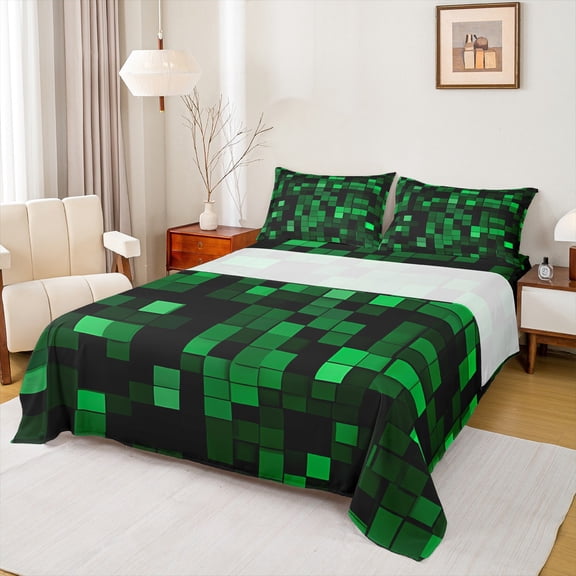 Homewish Black Green Rectangle 3pcs Twin Sheet Set, Buffalo Plaid Abstract Bedding Sets