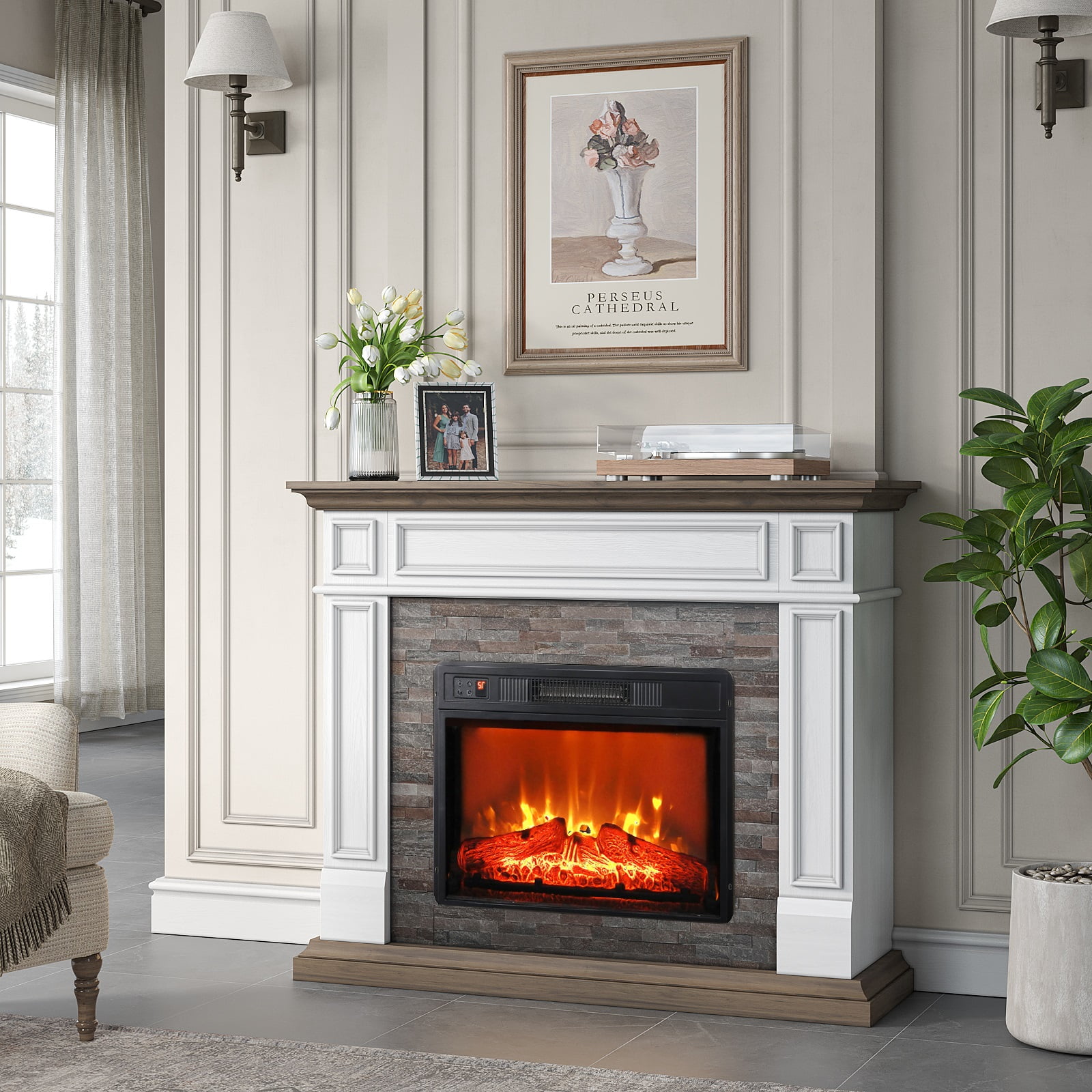 LGHM 44" Electric Fireplace with Mantel, Free Standing Fireplace Heater with Adjustable LED Flame for Living Room, Bedroom, Brown