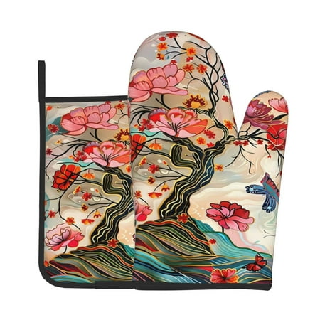 

Tebeau Butterflies And Flowers Painting Print Oven Mitts and Pan Racks 2-Piece Set Kitchen Oven Mitts and Pan Racks Heat Resistant 500 °F for Baking and Cooking