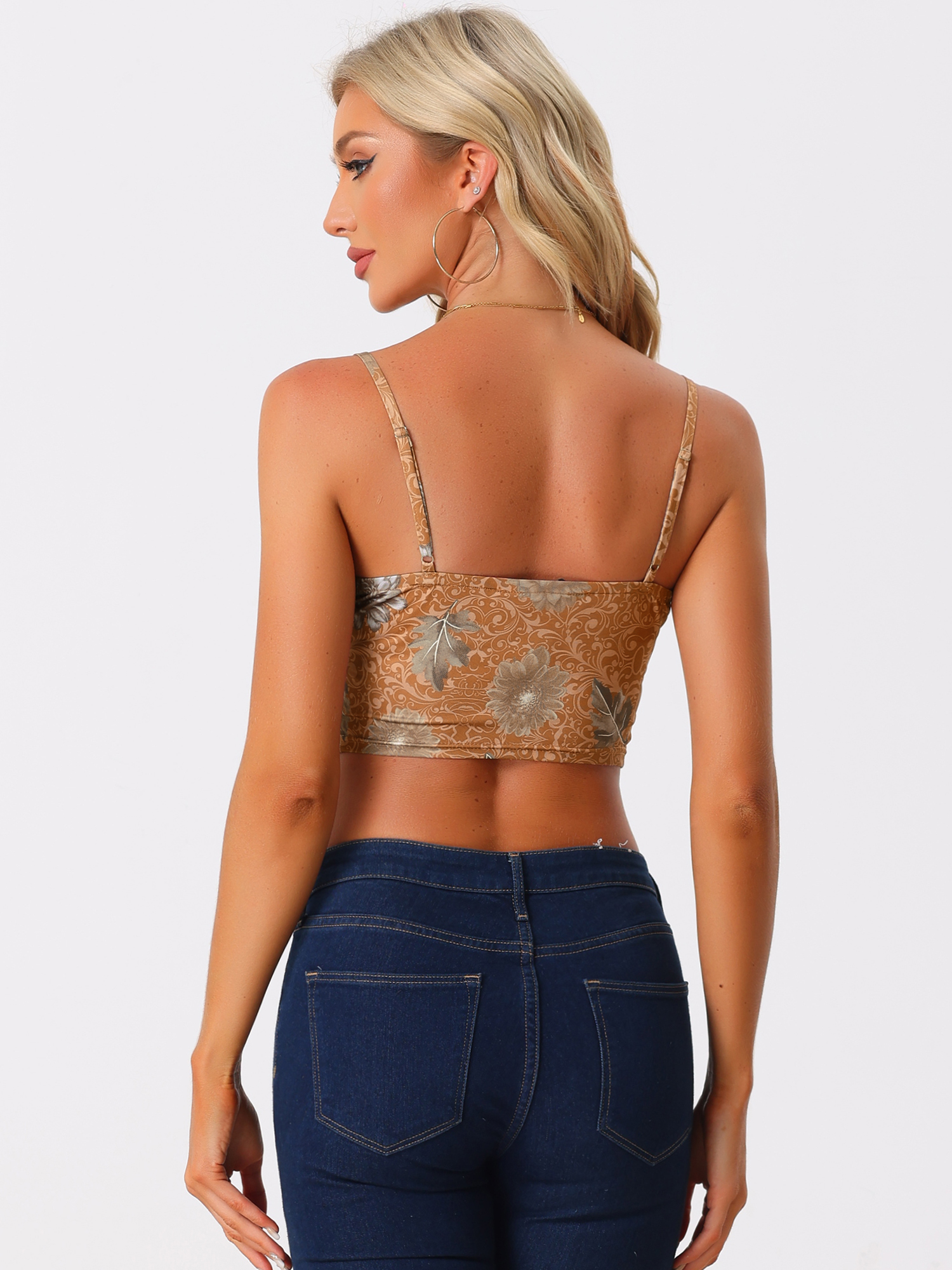 Unique Bargains Women's Retro Floral Print Cami Lace Sleeveless Crop Top XL Brown